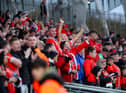 Derry City fans were in fine voice inside the Aviva Stadium but trouble broke out at the Shelbourne end after flares were thrown onto the pitch,