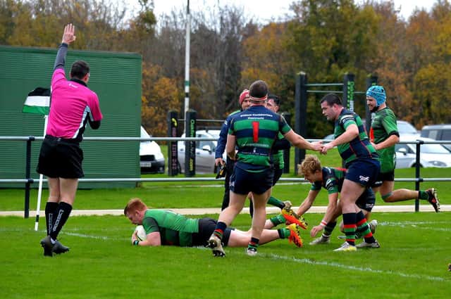 City of Derry's Stephen Corr scores a first half try against Clogher Valley in the at Judge's Road. (Photo: George Sweeney).