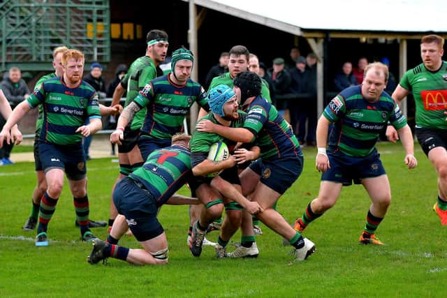 City of Derry's Joel Smyth is denied a try, against Clogher Valley, a metre from the whitewash. (Photo: George Sweeney).