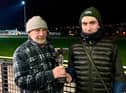 Robert Montgomery (left) represented the sponsors Vincent McGuinness & Juliet Aldridge on Monday when presenting the Rosehill Kennels Trophy to Liam Carlin after Kearneys Galaxy was voted out favourite performer on 7/11/22.