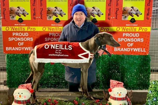 Cals Blast won the 3rd heat of the first round of the Paul’s Butchers & Track Lotto Sprint in 17.02 with owner Michael Calvert. He also won the bag of O’Neills dog food.