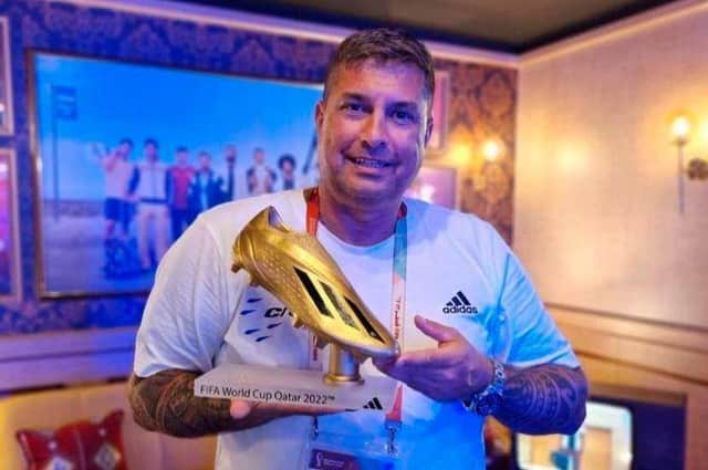 Ballymagroarty native Eddie Doherty with the FIFA 'Golden Boot' at the recent World Cup in Qatar.