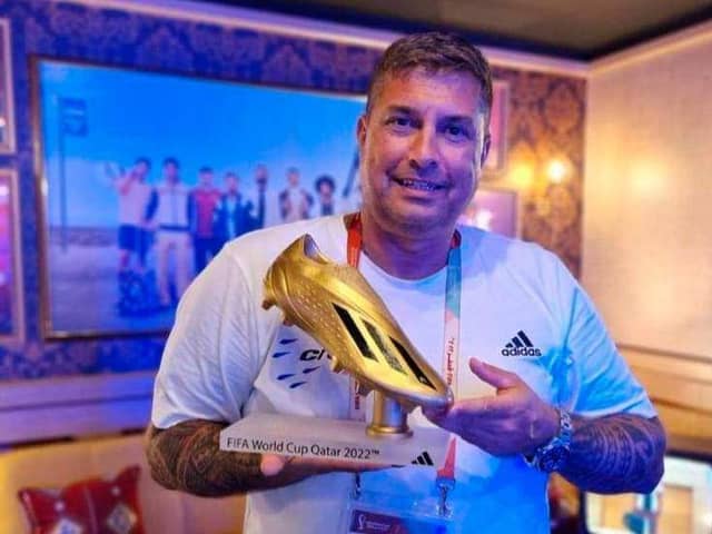 Ballymagroarty native Eddie Doherty with the FIFA 'Golden Boot' at the recent World Cup in Qatar.