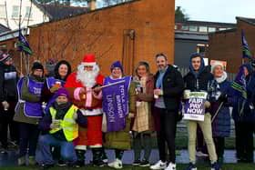 Health and care workers from NIPSA, UNISON and GMB trade unions, campaigning for fair pay and conditions, take part in industrial action at Altnagelvin Hospital on Monday morning.  Photo: George Sweeney. DER2250GS – 03