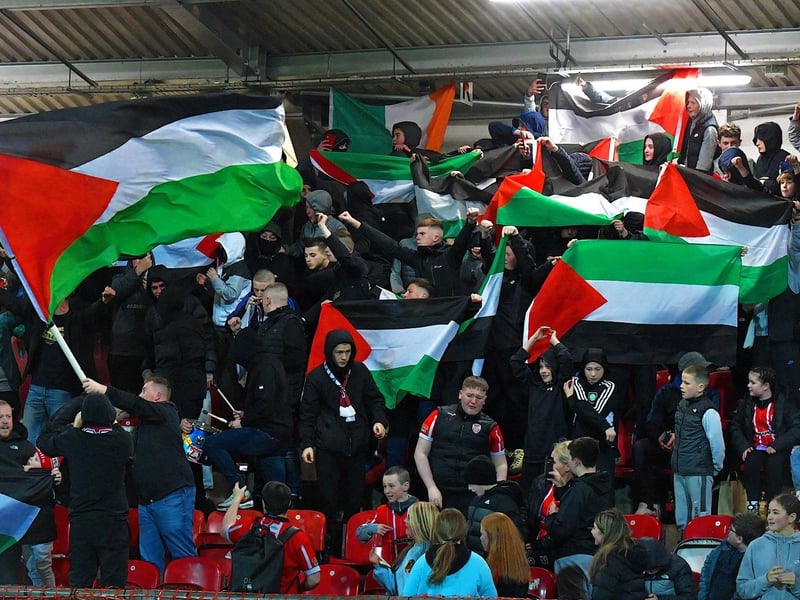 October 2023: Fans display solidarity with people of Gaza and Palestine at Derry City's game against Shelbourne at the Brandywell. Photo: George Sweeney