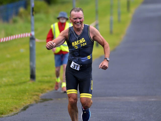 Terence Donnelly completes his 40th Liam Ball Triathlon. Photo: George Sweeney