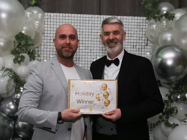 Sean Roddy from Smartpay NI who donated a holiday for the raffle to Tommy Canning, head of treatment, Northlands pictured at Northland’s 50th Anniversary Gala Dinner held in The Everglades Hotel. (Photo - Deirdre Heaney, nwpresspics)