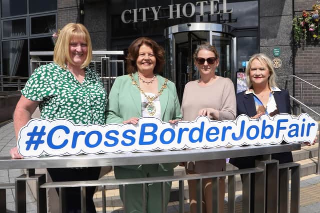 Mayor of Derry City and Strabane District Council, Councillor Patricia Logue, at the launch of the Cross Border Job Fair at the City Hotel, with from left, Ashley Russell-Cowan Department for Communities, Nicky Gilleece Derry City and Strabane District Council and Lorraine O’Malley Co-Ordinator Cross Border Partnership for Employment Services.