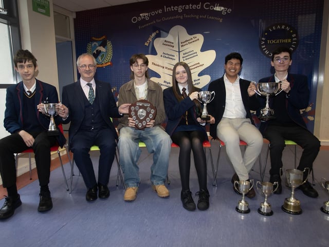 Year 12 award winners pictured with Mr John Harkin, Principal and Ramel Abdon Flores, Causeway Empowerment Programme, Past Pupil and guest speaker.