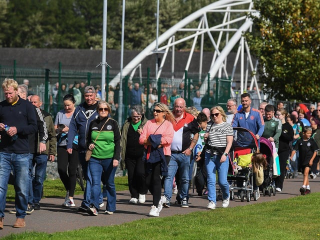 There was a large turnout for Sunday’s Chieftain’s Walk from Bay Road to Foyle Road. Photo: George Sweeney