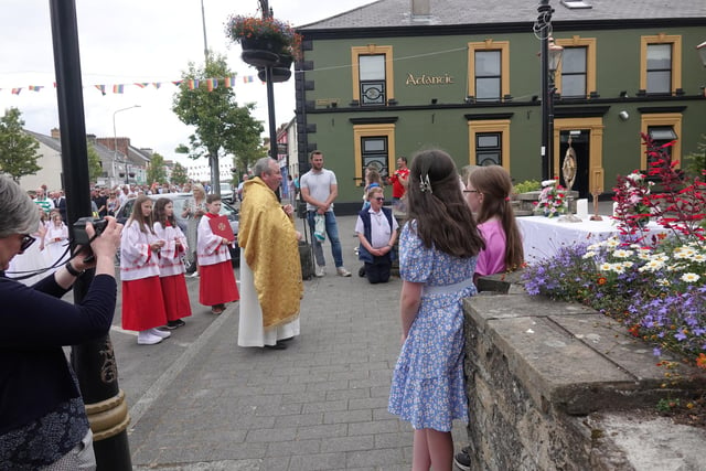 Buncrana Parish Priest Father Francis Bradley pictured at the Market Square during the annual Corpus Christi Procession through Buncrana on Sunday.