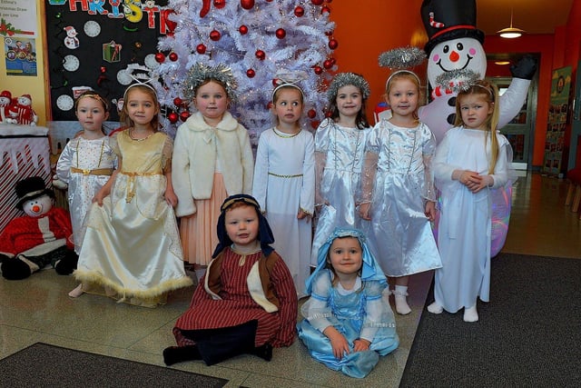 Pupils from Mrs Logue's P1 class at St Eithne's Primary School, who played  angels,Joseph and Mary at their Nativity Play on Wednesday for family and relatives. Photo: George Sweeney. DER2249GS - 07