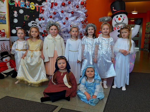Pupils from Mrs Logue's P1 class at St Eithne's Primary School, who played  angels,Joseph and Mary at their Nativity Play on Wednesday for family and relatives. Photo: George Sweeney. DER2249GS - 07