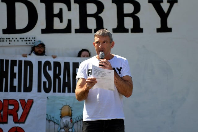 Niall McCarroll, Chairperson of the DTUC, speaking at Free Derry Wall, on Saturday afternoon, at a gathering to remember ‘The Nakba’, also known as the ‘Palestinian Catastrophe’,  - the destruction of Palestinian society and homeland in 1948. Photo: George Sweeney.  DER2319GS – 32 