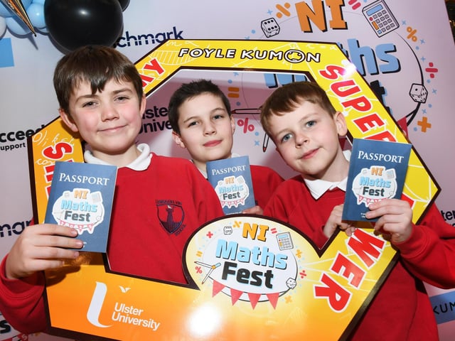 Lisnagelvin Primary School pupils Caleb, Cillian and Ollie were pictured at the Foyle Kumon NI Maths Fest in the Guildhall. : .