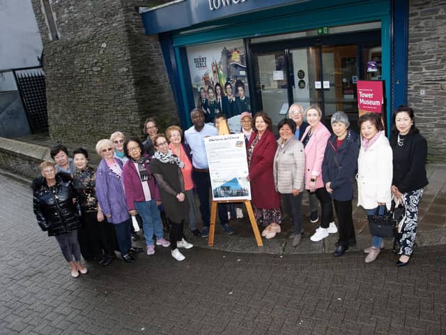 GLOBAL CHOICES, LOCAL VOICES LAUNCH. . . . .The Mayor of Derry City and Strabane District Council, Patricia Logue pictured at the 'Global Choices, Local Voices' launch in the Tower Museum, Derry on Friday afternoon. Included are Agrippi Njanina, Community Engagement Officer, National Museums NI, Karen Scrivens, Active Citizens, Ruth McPhillips, DCSDC and Bernadette Walsh, Archivist, DCSDC. Included are representatives from the Active Citizens Engaged group. (Photos: Jim McCafferty Photography)