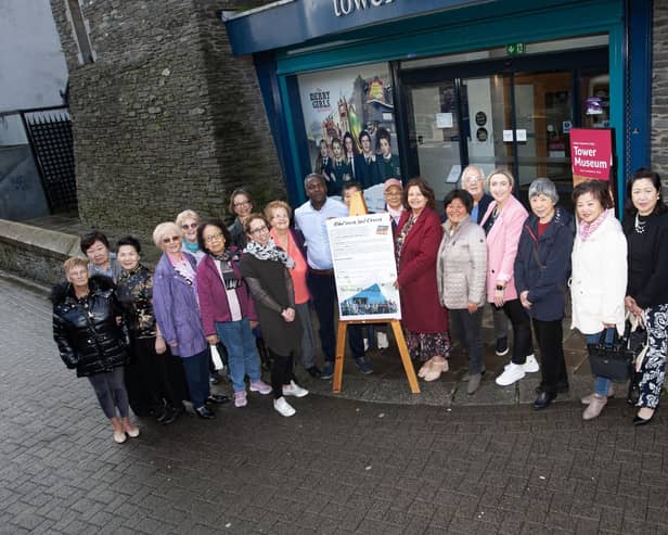 GLOBAL CHOICES, LOCAL VOICES LAUNCH. . . . .The Mayor of Derry City and Strabane District Council, Patricia Logue pictured at the 'Global Choices, Local Voices' launch in the Tower Museum, Derry on Friday afternoon. Included are Agrippi Njanina, Community Engagement Officer, National Museums NI, Karen Scrivens, Active Citizens, Ruth McPhillips, DCSDC and Bernadette Walsh, Archivist, DCSDC. Included are representatives from the Active Citizens Engaged group. (Photos: Jim McCafferty Photography)