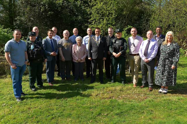 Group pictured at the unveiling of a new memorial in St Columb’s Park last year, remembering all those who have lost loved ones on our roads. Included in the photograph are former Mayor Graham Warke, former Deputy Mayor Christopher Jackson, Life After Charity founder Chair person Christopher Sherrard, Debbie Mullan, Life After trauma counsellor and Vice-Chairperson, local clergy, politicians and emergency services representatives.  Photo: George Sweeney. DER2216GS – 226