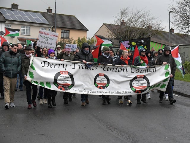 Representatives of Derry Trades Union Council at the Bloody Sunday 52nd commemoration march Sunday afternoon. Photo: George Sweeney.