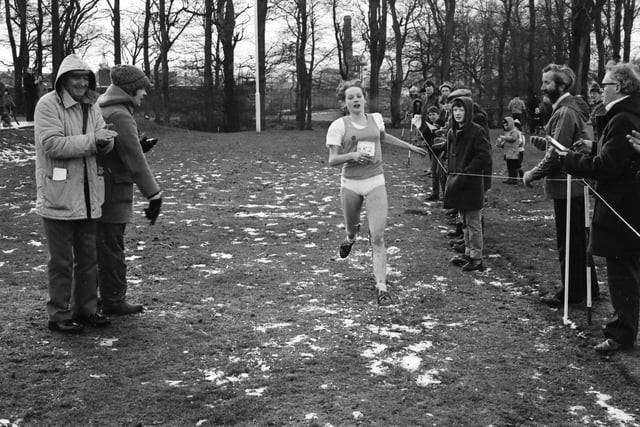 This female runner approaches the finish line at the Ulster Cross Country Championships at St Columb's Park in Derry 40 years ago back in January 1984.