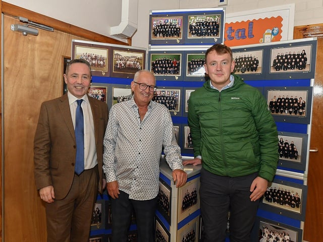 Eamonn Moore, principal, Bobby Whoriskey, chair of the Board of Governors and Padraig Delargy MLA pictured at St Oliver Plunkett’s Primary School 50th anniversary celebrations on Thursday evening.