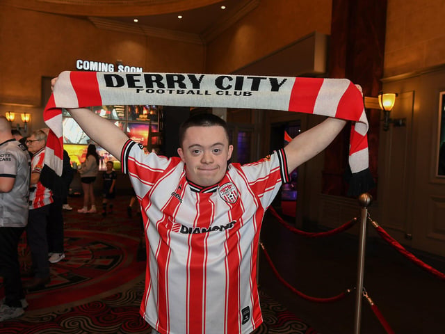 Derry City fan Adam Morrison pictured at the Brunswick Moviebowl ahead of the live screening of the candystripes’ Europe Conference League away to FCB Magpies on Thursday evening. Photo: George Sweeney