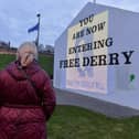 One of the images of 269 victims of state violence that were previously projected onto Free Derry Wall during a protest against the British government’s controversial Legacy Bill. The protest was organised by the Bloody Sunday Trust and the Pat Finucane Centre.  Photo: George Sweeney.  DER2313GS – 08