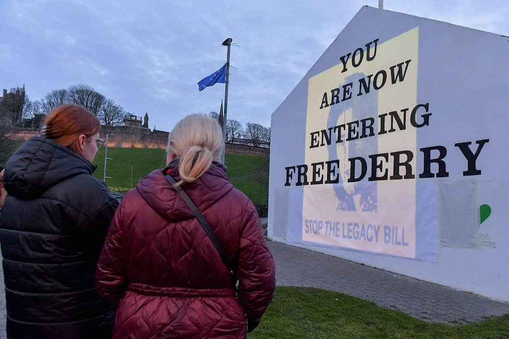 One of the images of 269 victims of state violence that were previously projected onto Free Derry Wall during a protest against the British government’s controversial Legacy Bill. The protest was organised by the Bloody Sunday Trust and the Pat Finucane Centre.  Photo: George Sweeney.  DER2313GS – 08