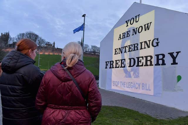 One of the images of 269 victims of state violence that were previously projected onto Free Derry Wall during a protest against the British government’s controversial Legacy Bill. The protest was organised by the Bloody Sunday Trust and the Pat Finucane Centre. Photo: George Sweeney. DER2313GS – 08