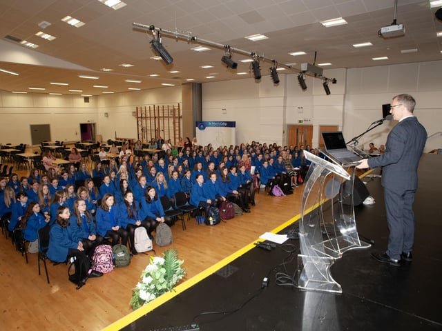 St. Mary's College Principal, Mr. Brendan McGinn addressing the new intake of students who started at the school on Friday morning last. (Photos: Jim McCafferty Photography)