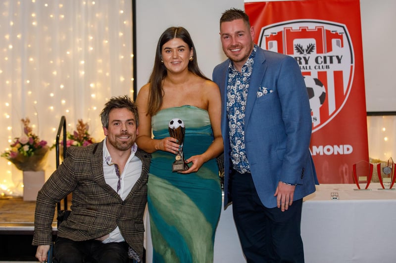 Players player of the year award winner, defender Caoimhe Walsh receives her award from coach Pete Mitchell and manager Paul Dixon at the awards night at the Maldron Hotel.
