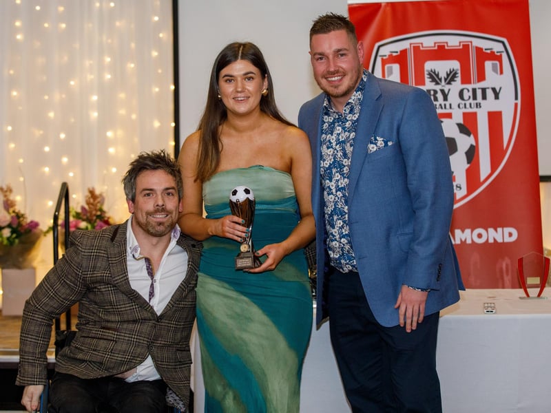 Players player of the year award winner, defender Caoimhe Walsh receives her award from coach Pete Mitchell and manager Paul Dixon at the awards night at the Maldron Hotel.