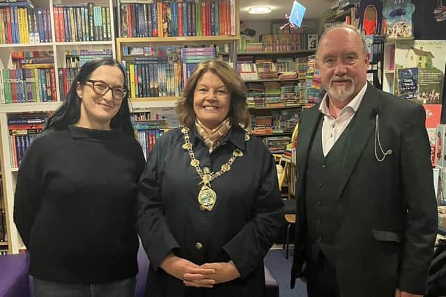 Mayor of Derry, Councillor Patricia Logue with Jenni Doherty, Little Acorns Bookstore and Raymond Craig, Chair of Guildhall Press publishers