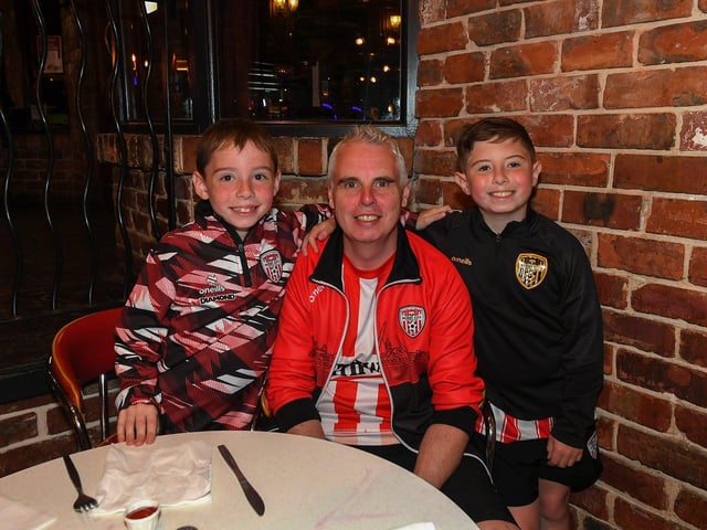 Derry City fans pictured at the Brunswick Moviebowl ahead of the live screening of the candystripes’ Europe Conference League away to FCB Magpies on Thursday evening. Photo: George Sweeney