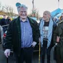 The late Mickey Bridge, who was wounded on Bloody Sunday, with Eamon McCann and Geraldine Doherty, niece of Bloody Sunday victim Gerald Donaghy, at the 54th Annual Bloody Sunday commemoration march. 01/02/26    Mandatory Credit ©Lorcan Doherty/Presseye