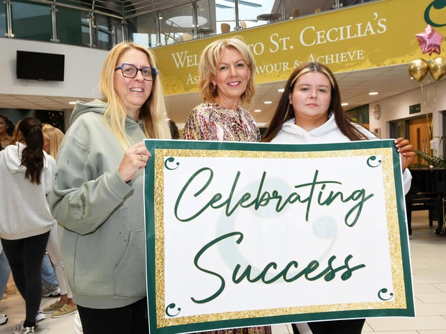 Mrs O'Carolan, Principal, pictured with Keela Doherty and her proud mum Donna, at St. Cecilia's College on Thursday morning.