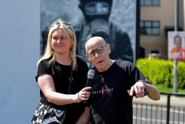 Veteran civil rights campaigner Eamonn McCann speaking at Free Derry Wall, on Saturday afternoon, at a gathering to remember ‘The Nakba’, also known as the ‘Palestinian Catastrophe’,  - the destruction of Palestinian society and homeland in 1948. Photo: George Sweeney.  DER2319GS –  33