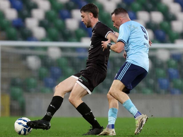 A battle for possession during Friday's fonaCAB Craig Stanfield Irish Junior Cup final at Windsor Park. (Photo: IFA)
