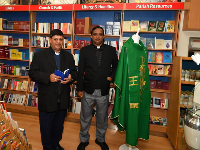 Fr. Gilbert and Fr. Sebastian, members of the Society of St Paul, a religious congregation for men dedicated to the apostolate of the mass media, pictured at the official opening of St Paul’s book and gift shop on Shipquay Street.  Photo: George Sweeney
