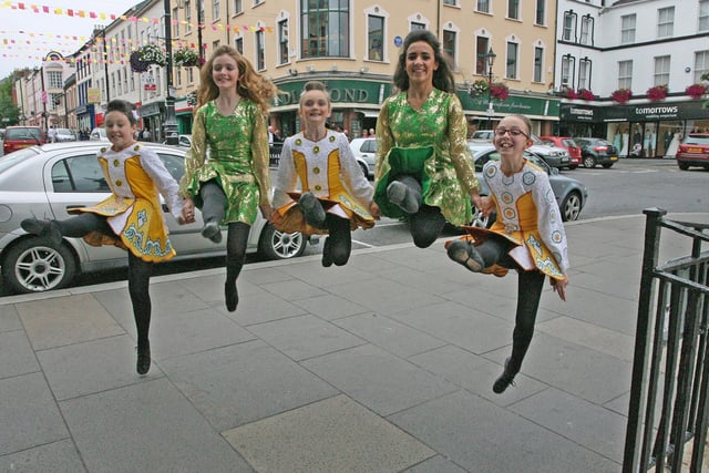 WE CAN DANCE!. . . . .Dancers from Scoil Rince Naomh Colmcille pictured performing at the Diamond on Wednesday afternoon as part of the Fleadh celebrations. From left, Selina-Marie McCauley, Aoife McDaid, Jessica Gault, Aisling Chada and Roisin Haughey. DER3313JM038