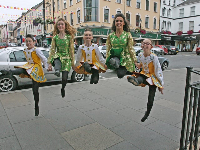 WE CAN DANCE!. . . . .Dancers from Scoil Rince Naomh Colmcille pictured performing at the Diamond on Wednesday afternoon as part of the Fleadh celebrations. From left, Selina-Marie McCauley, Aoife McDaid, Jessica Gault, Aisling Chada and Roisin Haughey. DER3313JM038