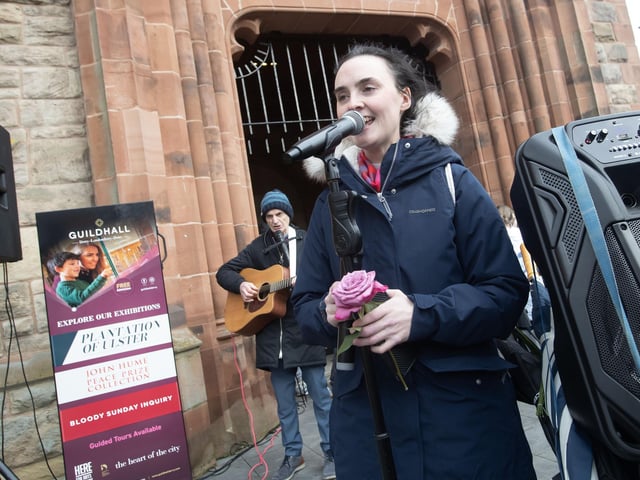 Inishowen singer Maria Doherty performing in Guildhall Square on Saturday.