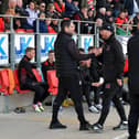Ruaidhrí Higgins greets Stephen O’Donnell when he arrived at Brandywell as Dundalk manager last year.