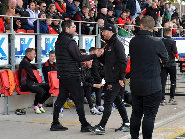 Ruaidhrí Higgins greets Stephen O’Donnell when he arrived at Brandywell as Dundalk manager last year.