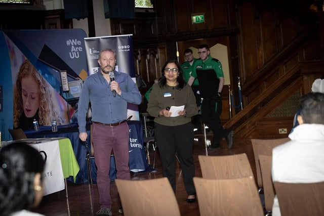 Dr. William Smyth, Phd., School of Computing, Engineering and Intelligent Systems, addressing the attendance at Saturday's NI Maths Fest event. Included is Dr. Sumeeta Gupta, event organiser.