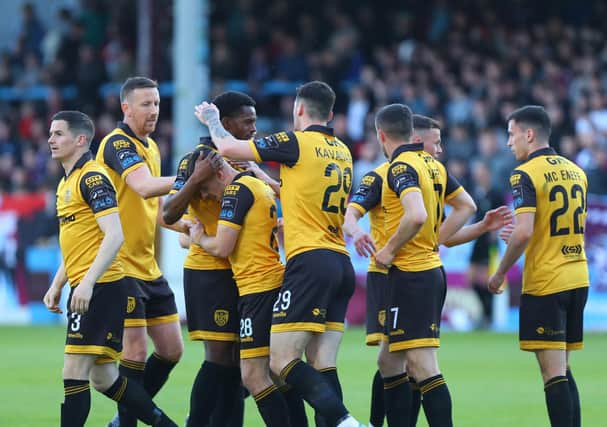 Derry City players celebrate Adam O'Reilly's first half opener against Drogheda at Weavers Park. Photographs by Kevin Moore.