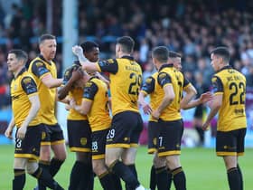 Derry City players celebrate Adam O'Reilly's first half opener against Drogheda at Weavers Park. Photographs by Kevin Moore.