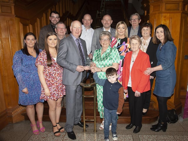 Ursula Melaugh pictured at the Guildhall, Derry with her family on Tuesday evening after receiving a presentation from the Mayor Sandra Duffy.