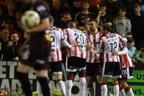Derry City players celebrate Michael Duffy's free-kick in the first half of the FAI Cup semi-final against Bohemians at Dalymount Park. Photograph by Kevin Moore.