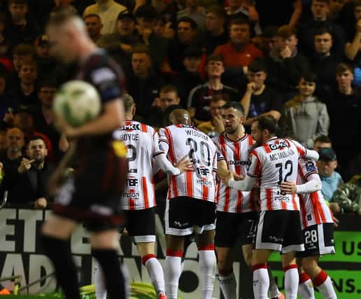 Derry City players celebrate Michael Duffy's free-kick in the first half of the FAI Cup semi-final against Bohemians at Dalymount Park. Photograph by Kevin Moore.